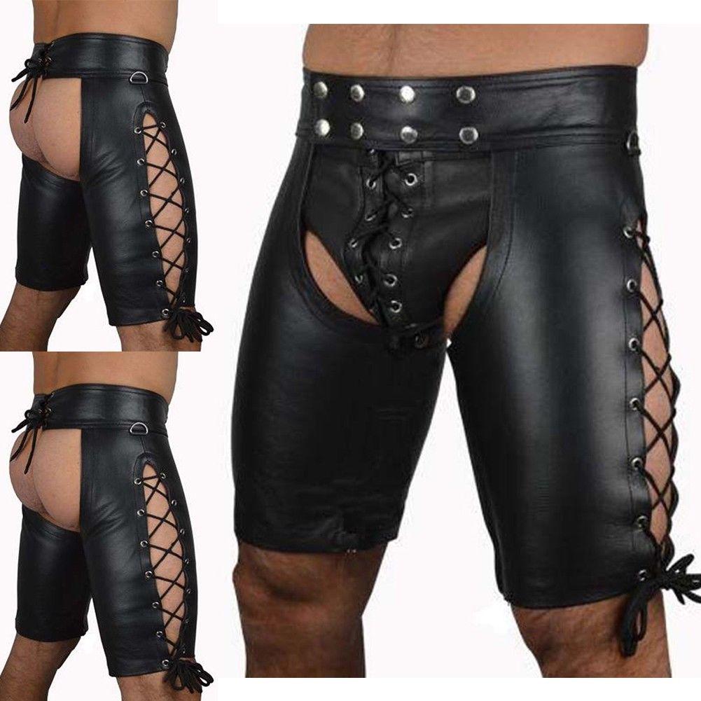 Mens Leather Shorts Knickers Briefs Crotchless Lace-Up Front Underwear Sex Toys
