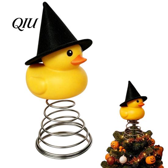 Yellow Duck Christmas Ornament Halloween Tree Topper, Small Witch Topper with Vivid Metal Spring Base for Gothic Home Decor, Holiday Party Supplies