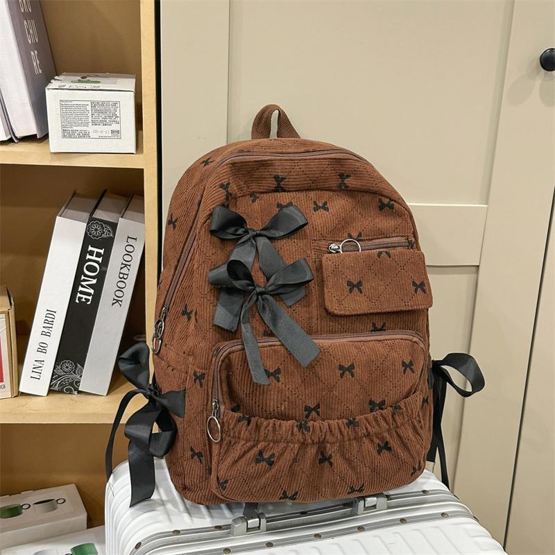 Вельветовый рюкзак большой вместимости с принтом бантика, студенческий школьный рюкзак