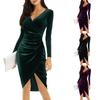 New Plus Size Long Sleeve Velvet Sheath Dress, Sexy, Pleated Wrap, Deep V Neck, Party Cocktail Dress