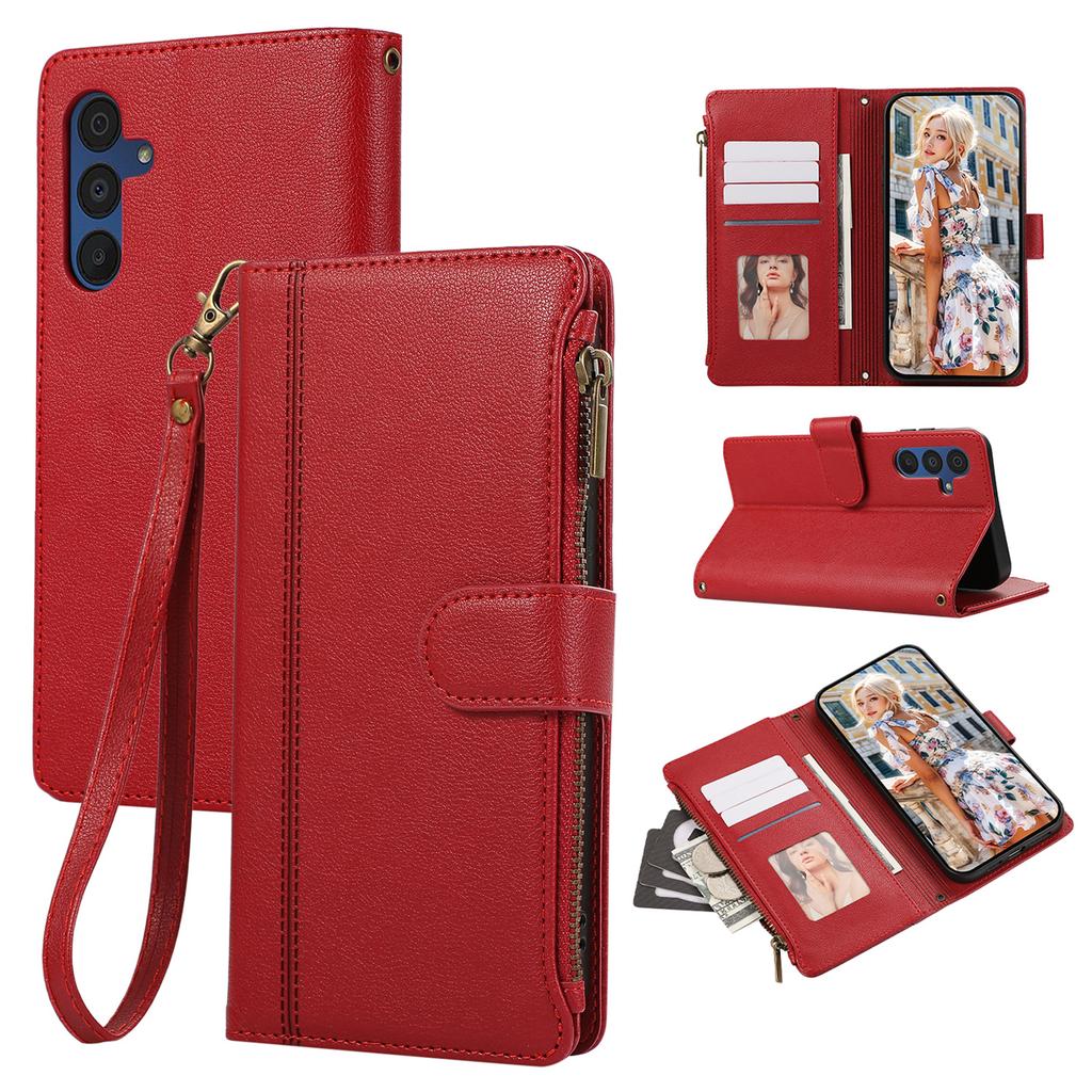 For Samsung Galaxy A36 5G Case Multi Card Slots Zipper Leather Phone Cover with Wrist Strap