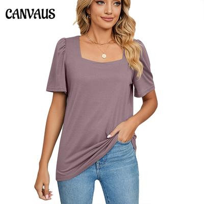 Летняя женская футболка, однотонная, с квадратным вырезом, с коротким рукавом, свободная футболка, топы