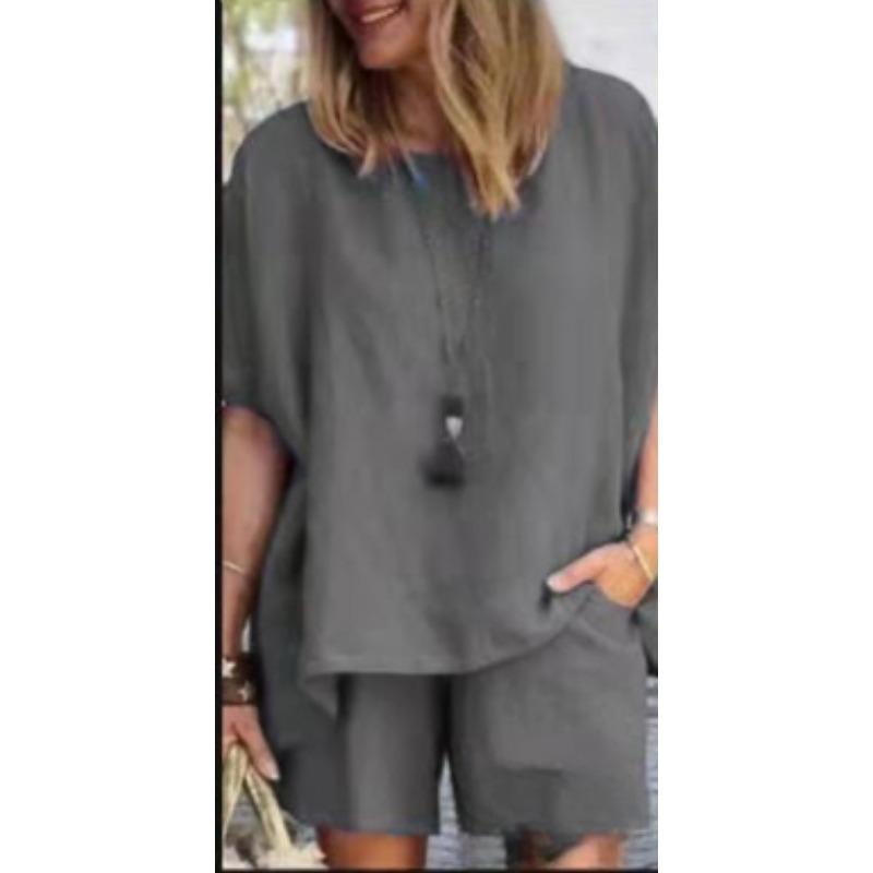 Women Casual Cotton Outfits Summer Half Sleeve T-shirt and Shorts Two Piece Suit Set