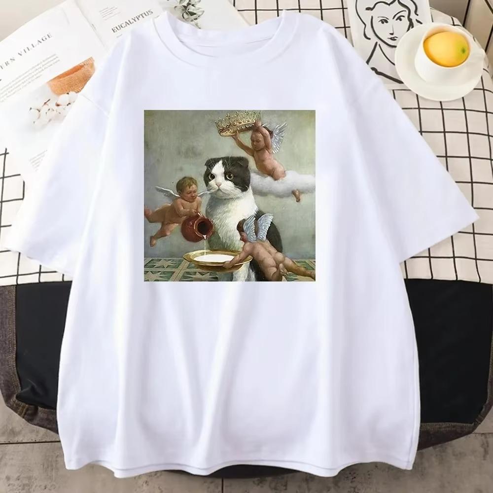 Scottish Fold Angel Crown Print Хлопок Мужская одежда Индивидуальные повседневные футболки с круглым вырезом All-math Loose Mans Хлопок Короткий рукав