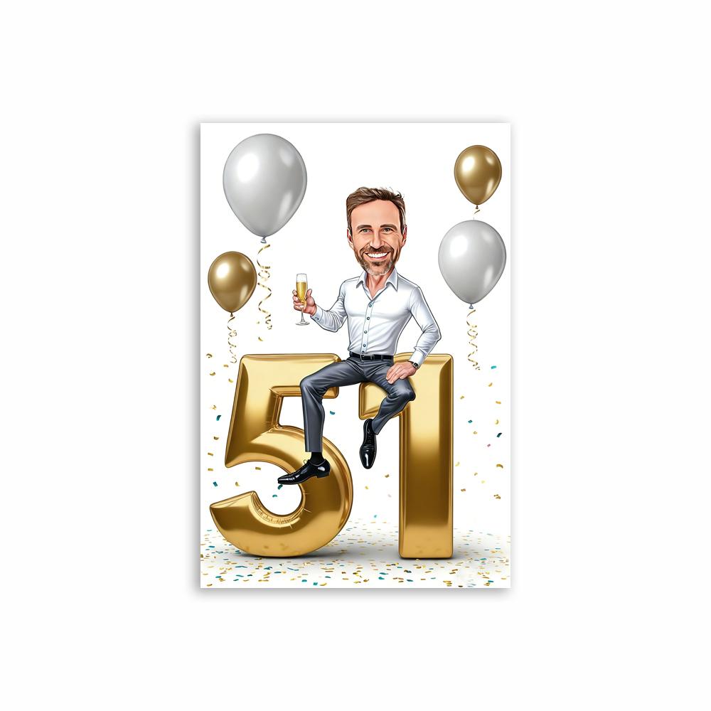 Personalized 50th Man Cartoon Portrait Poster Golden Number Caricature Prints Canvas Painting Birthday Funny Gift Wall Art Decor