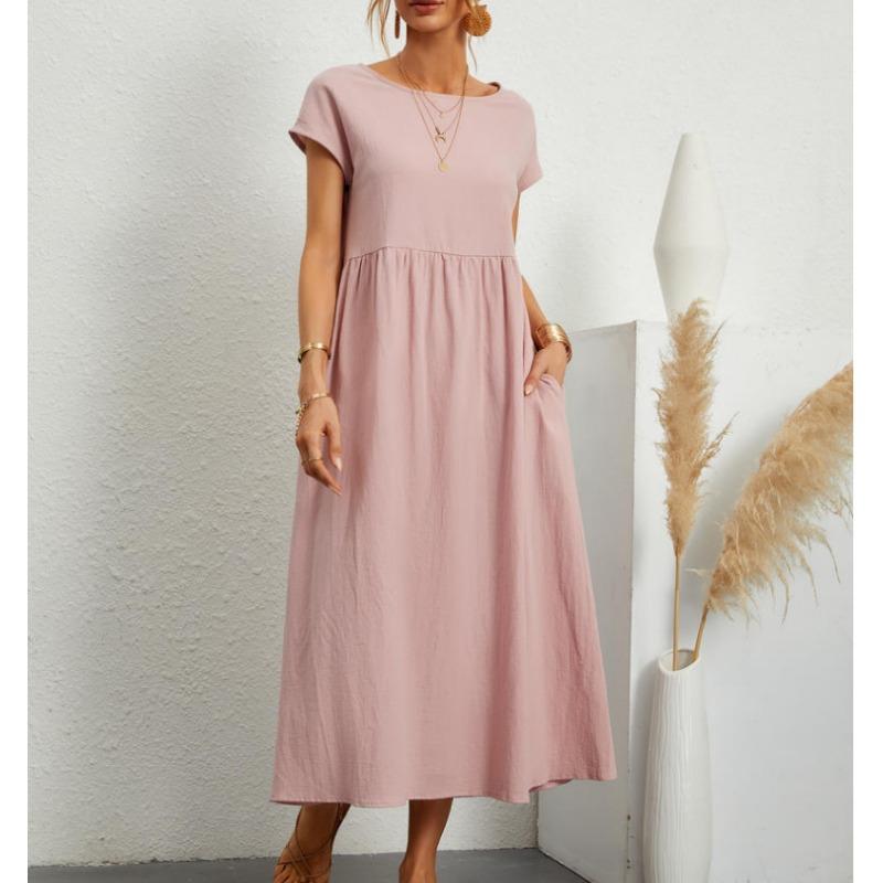 QICED Fashion Summer Spring Solid Color Print Short Sleeve O-Neck Casual Dresses