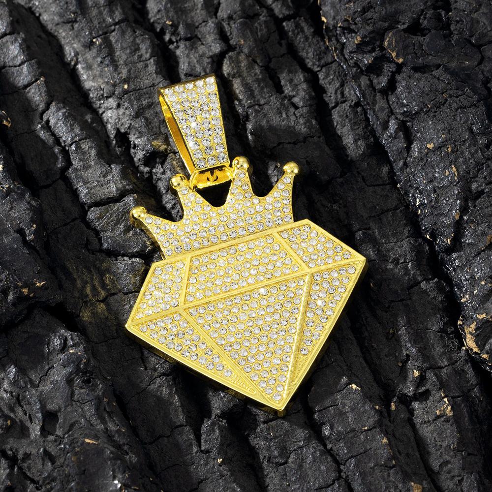 High Quality Hip Hop Alloy Full Diamond Crown Necklaces With 13mm Cuban Chain Diamond Shape Pendants For Men Charm Jewelry Gifts