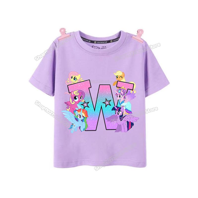 My Little Pony Girl T Shirt Twilight Sparkle Letter AZ TShirts Cartoon Kids Short Sleeve Tee Tops Casual Children Clothes