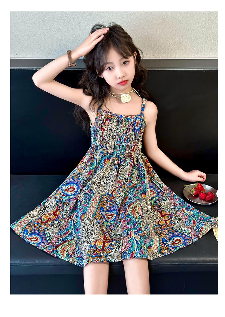 Girls' spaghetti strap dress, summer internet celebrity, girls' chiffon, children's clothing, floral princess beach dress, thin