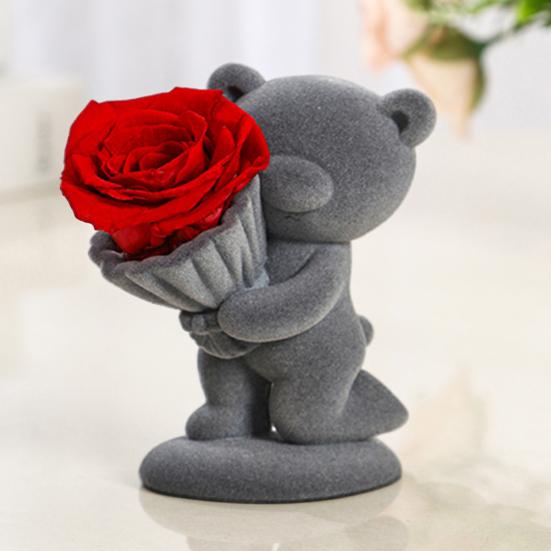 Flocking Bear Figurines with Preserved Rose Eternal Rose with Gift Box Romantic Gift for Girlfriend Wife Valentine's Day Anniversary Gift