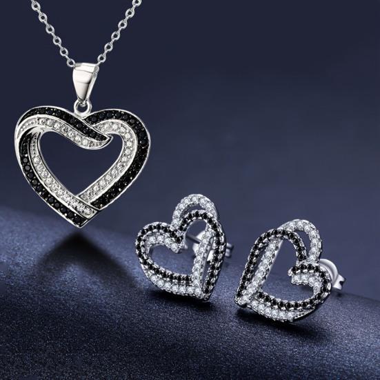 Yousheng Набор украшений 'Переплетающиеся сердца' Черно-белые Сердца со стразами Ожерелье и серьги Подвеска 'Двойное сердце' Украшения для вечеринок свадеб