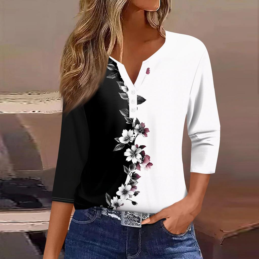 Жен. Футболка С принтом Пуговицы Рукав 3/4 Повседневные Выходные Мода Классический Классический V-образный вырез Обычный Верх