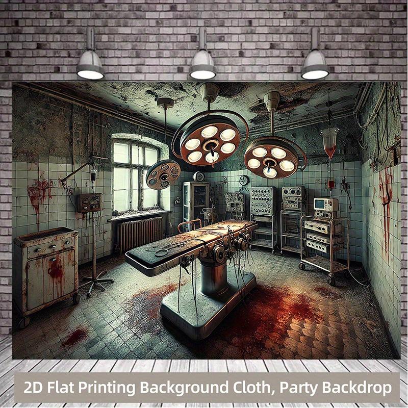 2D plane 1 piece of abandoned operating room horror background cloth - realistic blood-stained medical theme backdrop