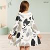 Girls High Neck Long Sleeve Printed Dress Furry Trim Bow A Line Flared Hem
