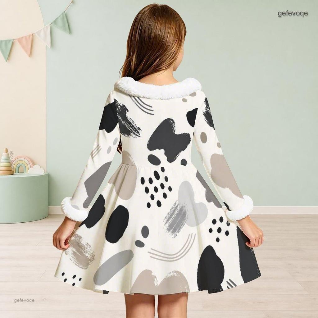 Girls High Neck Long Sleeve Printed Dress Furry Trim Bow A Line Flared Hem