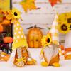Adorable Yellow Checkered Gnome Figurine For Thanksgiving With Autumn Leaves And Sunflower Accents