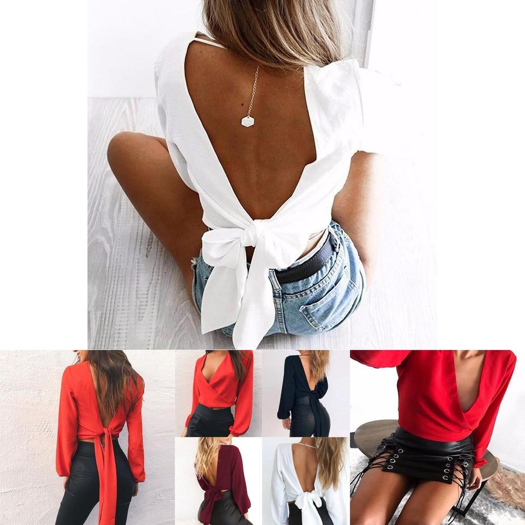 Color Women Solid Long Sleeves Backless Bandage Blouse Cross Loose Tops Bow
