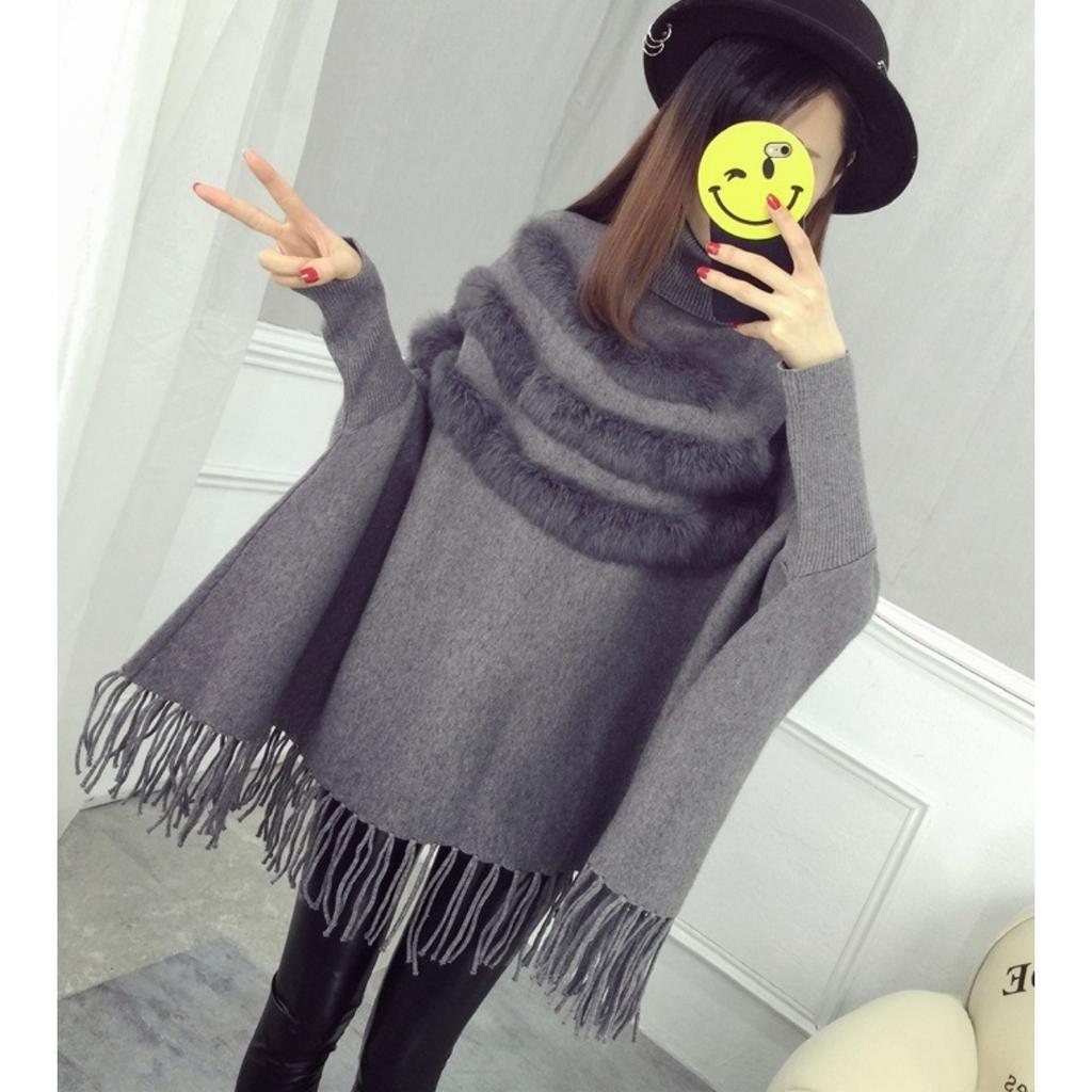 Плащ с высоким воротом и бахромой, большой размер, длинный рукав, трикотажный однотонный внешний плащ, шаль