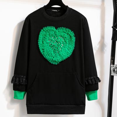 Плюс Размер Женская Новая Осенняя Кружевная Сердцевидная Круглая Шея Свободная Однотонная Модная Толстовка С Капюшоном