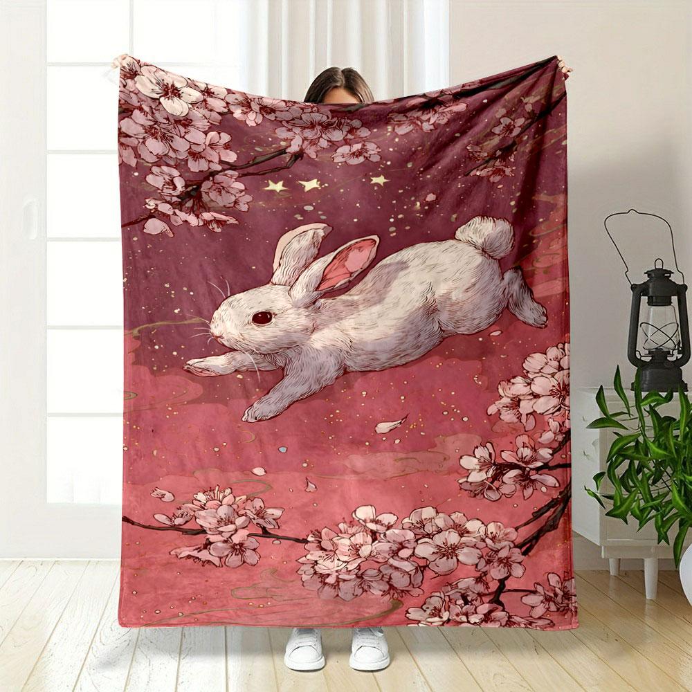White Rabbit and Cherry Blossoms Patterned blanket, flannel, suitable for all seasons, home decor, warm and cozy