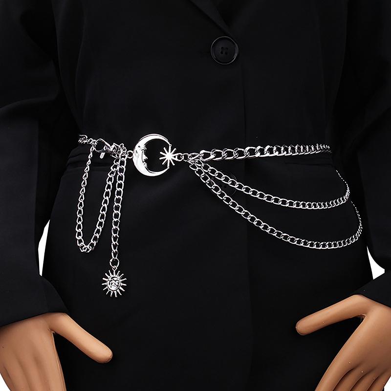 1Pc Women Waist Chain Belt For Dress Skirt Belts With Moon Star Waistbands Gold Silver Ladies Clothing Chain Accessories