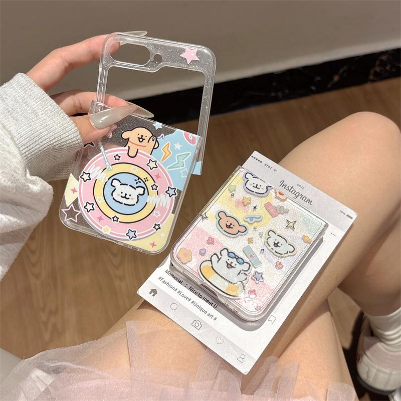 Корейский Милый Чехол для Телефона с Щенком для Samsung Z Flip 7 6 5 Чехол Прозрачные Мультяшные Жесткие Чехлы для Galaxy Z Flip5 Flip6 Flip7 Kawaii Funda