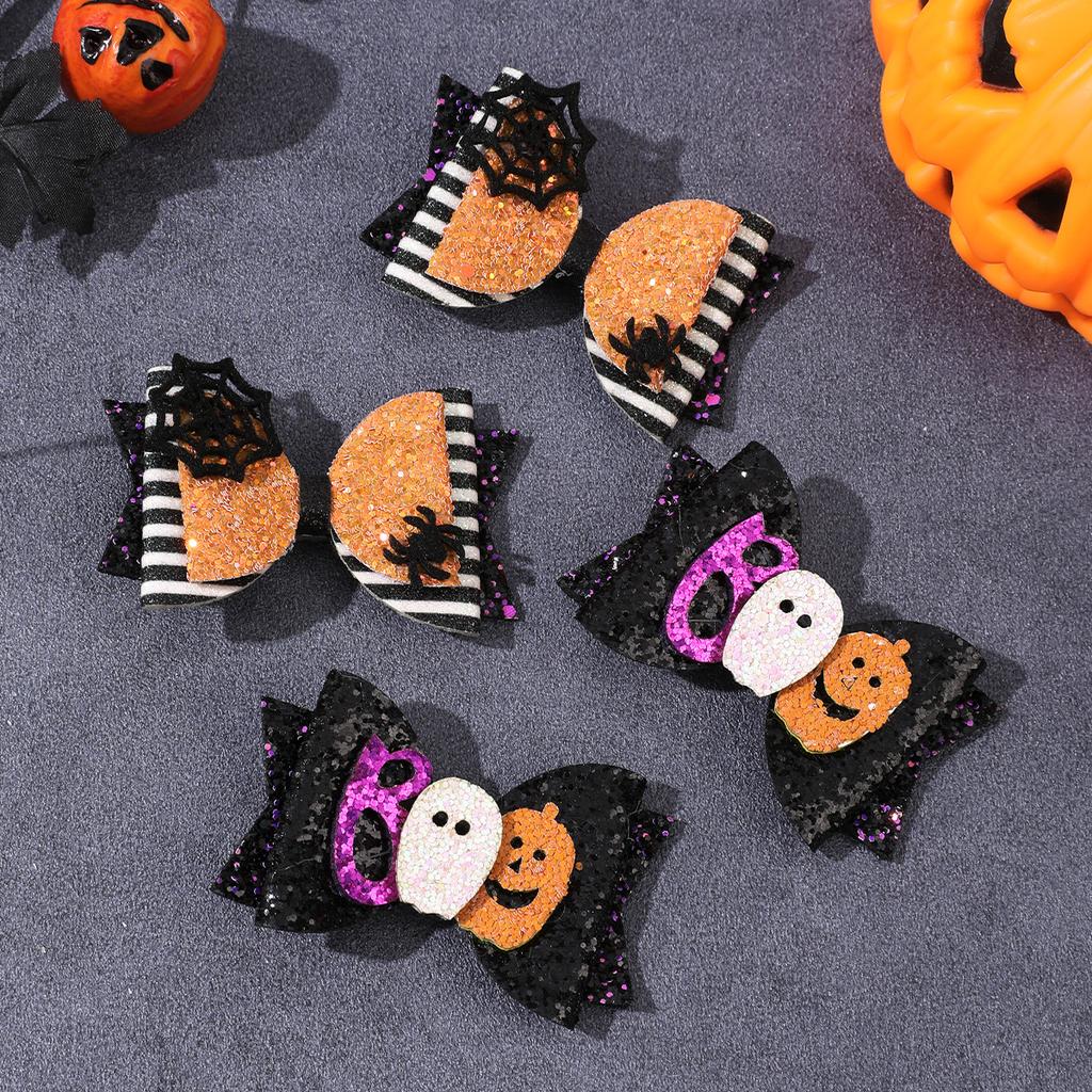 2Pcs Halloween Glitter Bow Hair Clips Glittering Ghost Pumpkin Bownot Hairpins Girls Kids Party Headwear Hair Accessories Gift