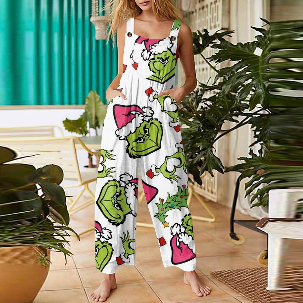 Women's Fashion Christmas Print Casual Retro Sleeveless Button Jumpsuit