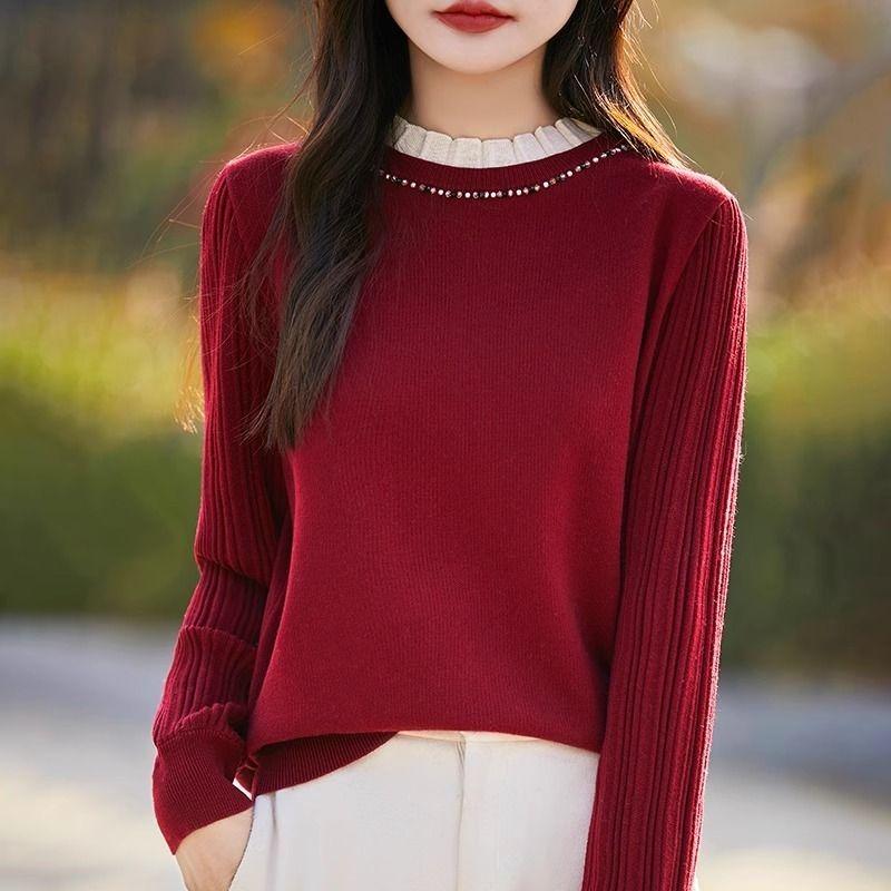 Однотонный пуловер женский с бусинами, свободный, модный, базовый, вязаный свитер, осенне-зимний топ