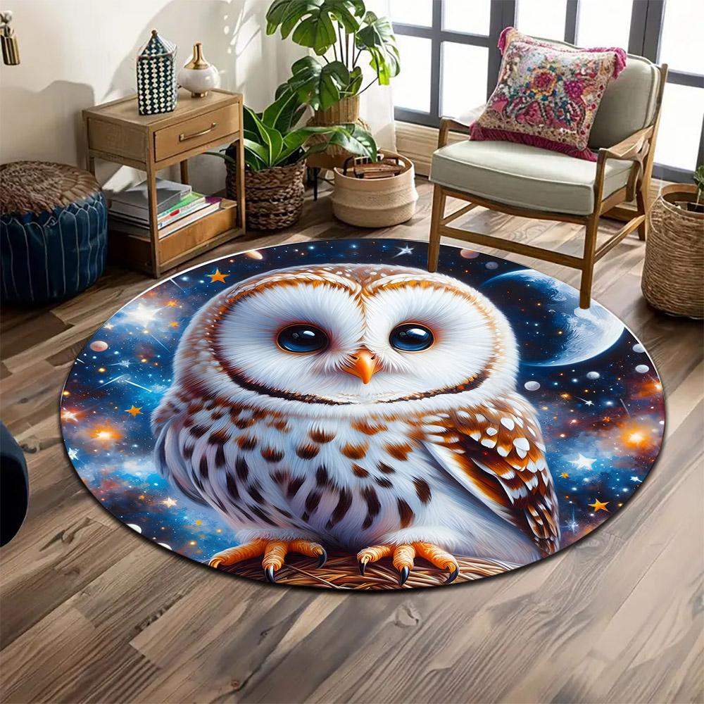 Cosmic Owl with Starry Sky Background Print round rug, living room, bedroom, playroom carpet, non slip floor mat, gift
