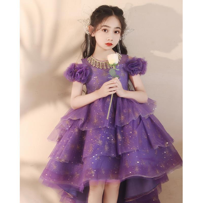 Kids Purple French Princess Evening Gown, Girls Host Wedding Flower Girl Piano Dress