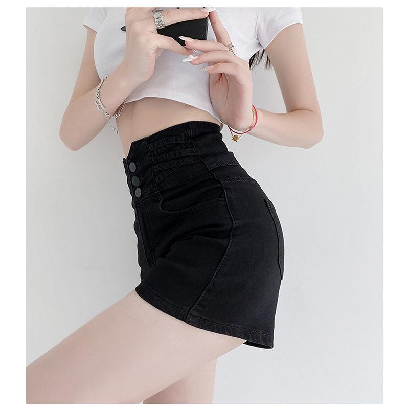 Черные джинсовые шорты с застежкой на пуговицы и высокой талией, корректирующие живот, для женщин, эластичные прямые брюки А-силуэта, широкие шорты в стиле Ins