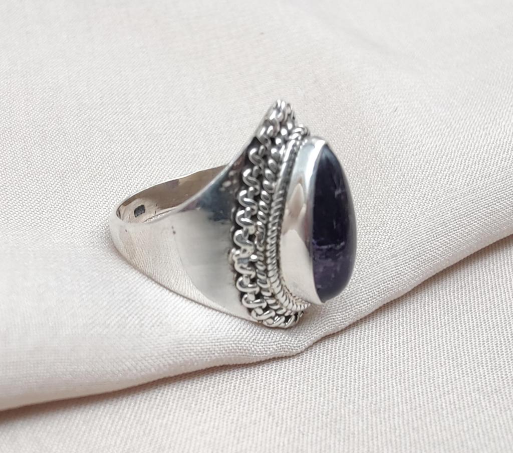 Amethyst Teardrop Ring: 925 Sterling Silver, Oxidized Boho Style