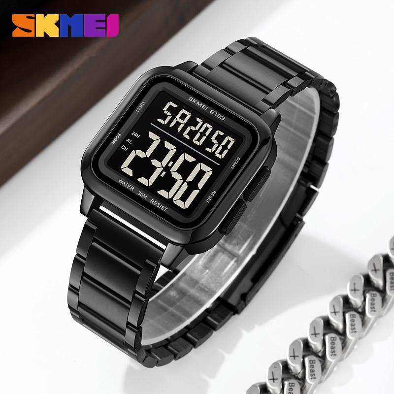 SKMEI 2133 Square Large Digital Dial Watch Men's Luxury Stainless Steel Lightweight Sports Watch Men's 3Bar Waterproof