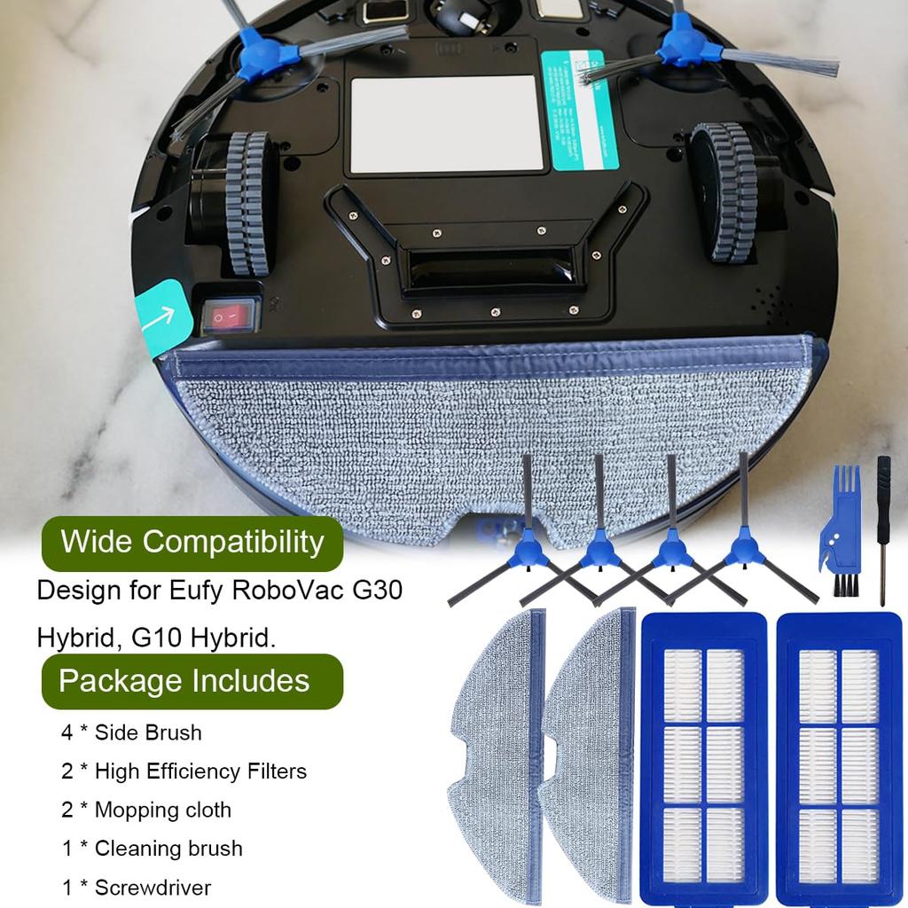 Replacement Parts Kit for Eufy RoboVac G10 G30 Hybrid Robot Vacuum Cleaner Compatible with Set Side Brush X Filter X Washable Mop Cloth X Tool X 2