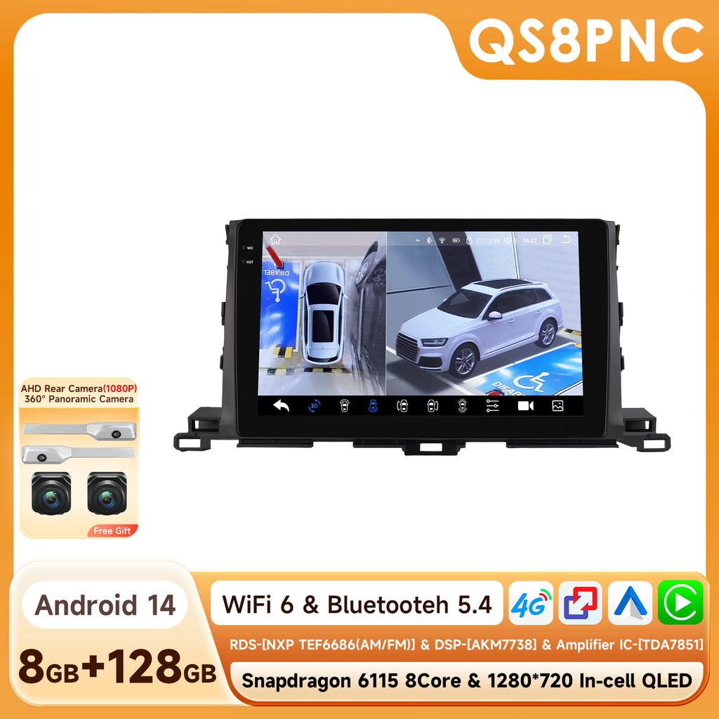 OSSURET 10.1"360 Камера Android 14 Автомагнитола Для Toyota Highlander 2014 2015 2016 - 2019 Мультимедиа Snapdragon 6115 Авторадио GPS Carplay