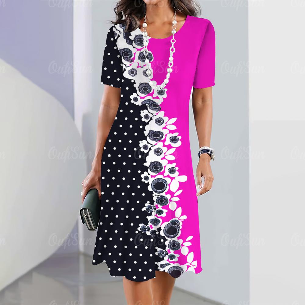 New Vintage Women's Dresses Floral Patchwork Printed Elegant Casual Short Sleeve Dress Y2k Loose Oversized Fashion Dress 2023