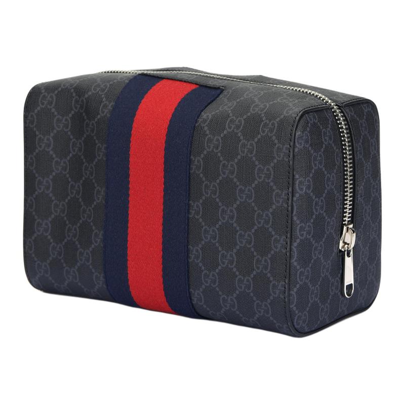 Gucci toiletry bag Presbyopia Logo Red and Blue Webbing Canvas and Leather Clutch Cosmetic Storage Toiletries Same Style for Men and Women Couple