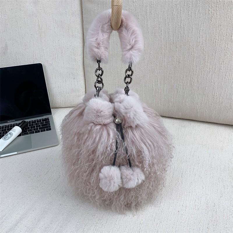 Womens Plush Bucket Bag Faux Fur Patchwork Chain Crossbody Drawstring With Pom Medium Size