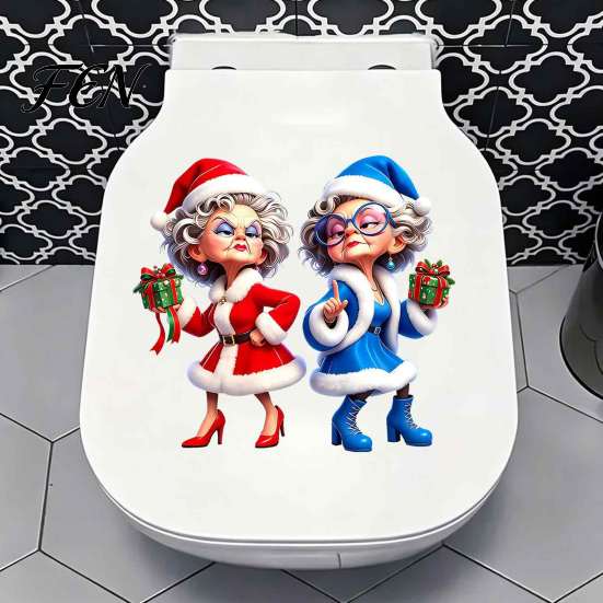 Cartoon Character Toilet Stickers Christmas Granny Sticker, Funny Mrs. Claus Decal, Waterproof Holiday Bathroom Decorations PVC Self Adhesive