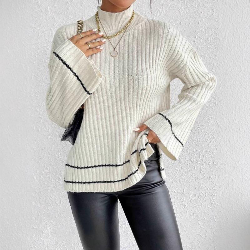Women S Loose Long Sleeve Knitted Sweater Color Block Patchwork Casual