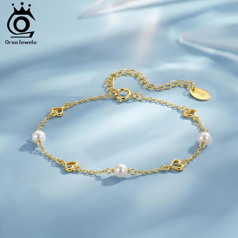 ORSA JEWELS Браслет-цепочка из стерлингового серебра 925 пробы с простым звеньями в форме сердца и натуральной жемчужиной для женщин, тонкое ретро-украшение GPB56