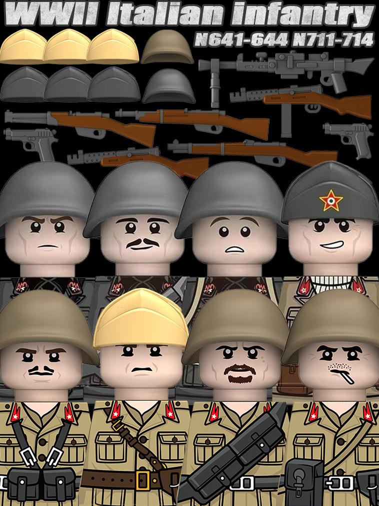 MOC Вторая мировая война Итальянские Солдаты Фигурки Строительные Блоки Армия Италии Офицер Пехоты Оружие Пистолет Плащ Шлемы Танковая Пушка Кирпичики Игрушки