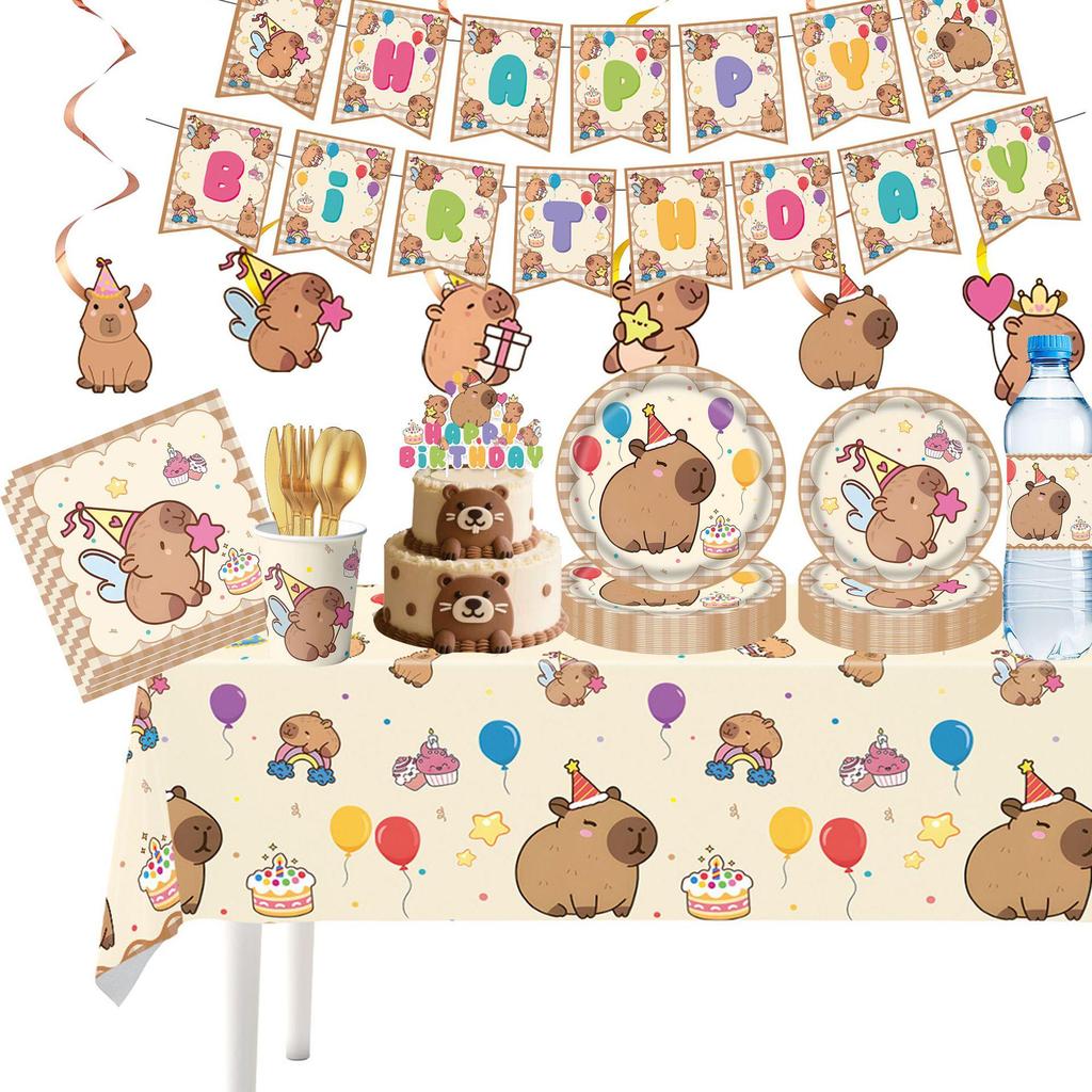 Набор столовой посуды «Вечеринка капибар»: Милая одноразовая скатерть, тарелки и стаканы для дней рождения