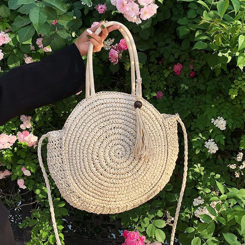 Yogodlns Летняя пляжная сумка, круглые соломенные сумки для женщин, сумка на плечо из ротанга, дорожная тканая сумка ручной работы, большая вместительная женская сумка-шоппер