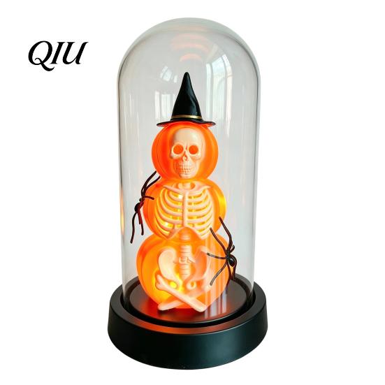 Halloween Window Display Pumpkin Skeleton Cloche Lamp, Lighted Stacking Skull in Clear Decor Dome with Witch Hat for Tabletop Mantel, Party
