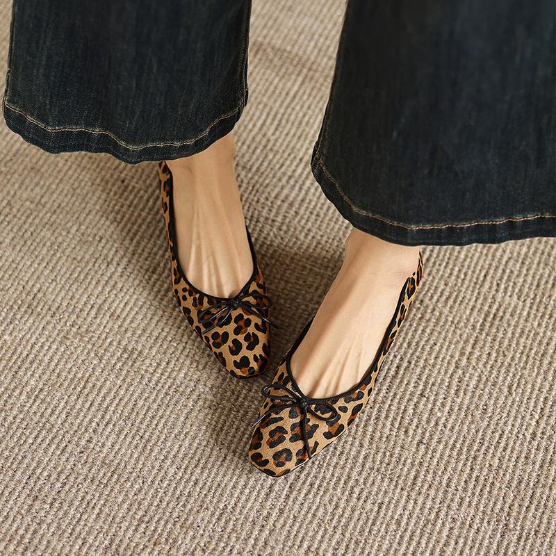Sheepskin pad retro leopard print bow shallow mouth single shoe Sheepskin pad flat bottom women's shoes