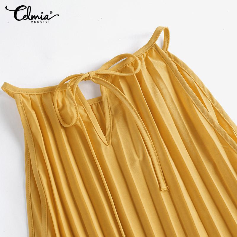 Celmia Летнее тонкое женское модное вечернее мини-платье без рукавов плиссированный сарафан однотонное повседневное свободное короткое платье размера плюс