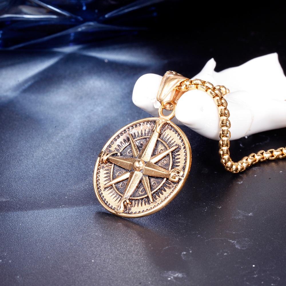 Compass Gold Pendent Stainless Steel Mens Jewelry Necklace