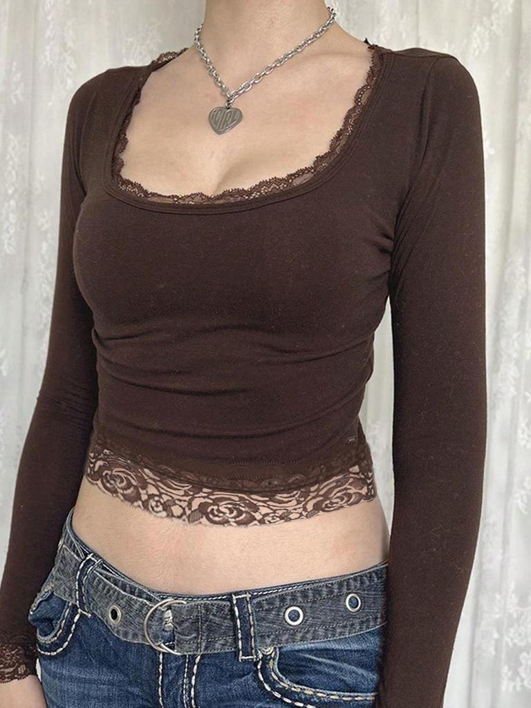 Sexy U-Neck Lace Bow Slim Fit Long Sleeve Y2K T-Shirt for Spring & Autumn